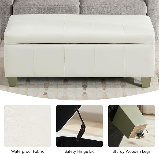 51" Faux Leather Storage Ottoman, Stitch Tufted Rectangle Upholstered End of Bed Storage Bench, Entryway Large Couch Ottoman with Wooden Legs,White