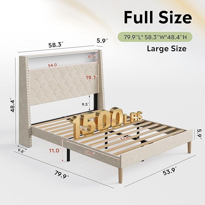 WLIVE Full Size Upholstered Bed Frame with Storage Headboard, Velvet Square Tufted Platform Bed with Charging Station, Sturdy Metal & Wooden Slats Support, No Box Spring Needed, Beige