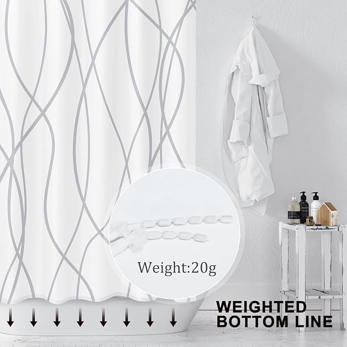 Punkray Polyester Shower Curtain Grey and White Striped for Bathroom with Hooks, Extra Long 84 Inches, Weighted Hem, Waterproof Bath Accessories Hotel Style - Machine Washable
