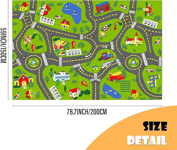 Non-Slip Town City Road Map Playmat for Boys, Perfect for Playroom and Bedroom, Car Track Mat - 6'7" x 4'11"(Rectangular)