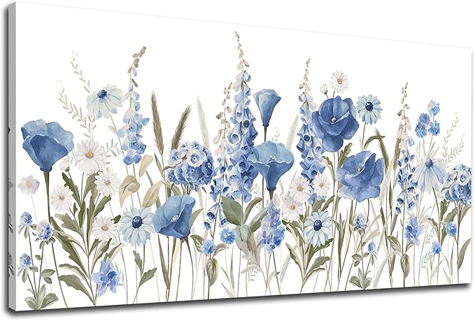 arteWOODS Elegant Flowers Wall Art - Blue White Botanical Pictures for Wall Decor Floral Blossom Canvas Painting Print Artwork for Living Room Bedroom Home Office Wall Decoration 20" x 40"