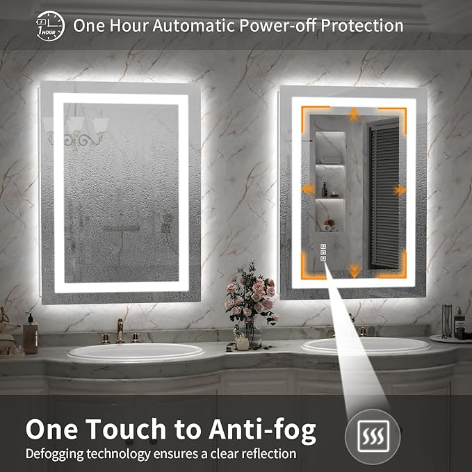 LED Mirror for Bathroom, 24x36 Inch Backlit + Front Lighted Bathroom Vanity Mirror with Lights for Wall, Double Light Strips, 3 Colors, Shatter-Proof, Anti-Fog and Brightness Memory