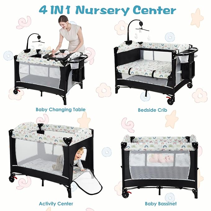 Kinder King 4 in 1 Portable Nursery Center, Foldable Baby Bedside Crib w/Bassinet, Infant Pack n Play Playard Toddler Large Playpen, Newborn Changing Table, Storage Basket, Side Zipper,Multicolour