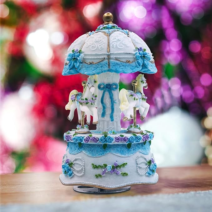 Carousel Music Box，Luxury Color Change LED Light Music Box,Luminous Rotating 3-Horse Musical Box with Gift Box for Girls Birthday Valentine Gift (Castle in The Sky, Blue)