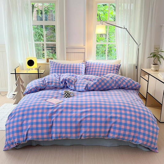 FACE TWO FACE Bedding Duvet Cover Set100% Washed Cotton Duvet Cover Linen Like Textured Breathable Durable Soft Comfy (Queen, Blue Purple Grid)