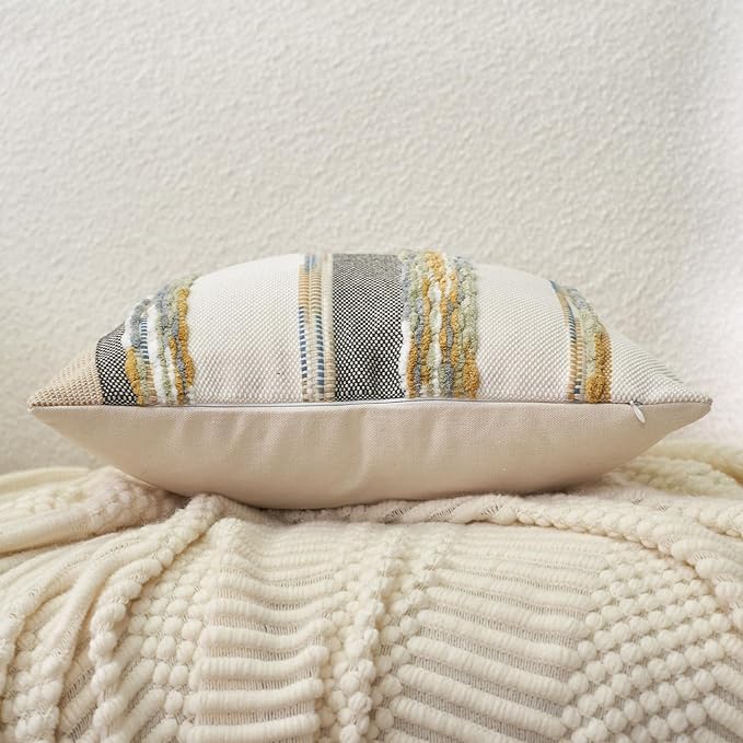 Aeckself Boho Throw Pillow Covers 18x18 Inch Set of 2, Farmhouse Decorative Striped Square Pillow Covers Chenille Tufted Pillow Cases Accent Neutral Pillowcase for Living Room Couch Bed, Yellow-Gray