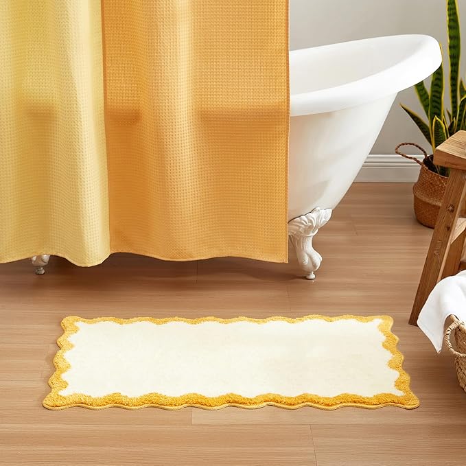 MONDAY MOOSE Bath Mat with Scalloped Wavy Ripple Design, Microfiber Absorbent Non Slip Tufted Rug for Floor, Shower or Kitchen (24x47 inch, Yellow)
