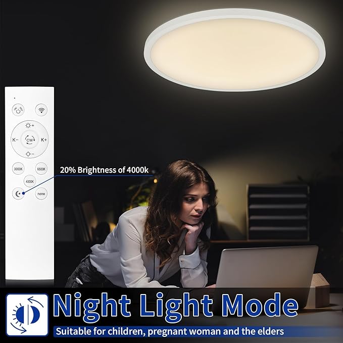 20 Inch Led Flush Mount Ceiling Light Fixture Dimmable with Remote Control, White, Ultra Thin, 48W 4800Lumen, for Bedroom, Living Room, Kitchen, Dining Room, Home Office