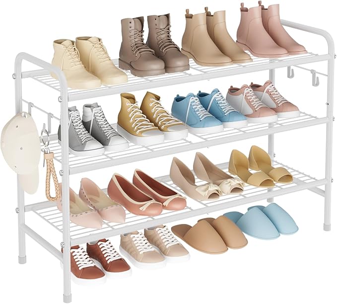 3 Tier Shoe Rack 33" Wide Metal Shoe Organizer Long Shoe Storage with 4 Side Hooks Sturdy Shoes Shelf for Front Door Entrance, Closet, Garage, Dorm, White
