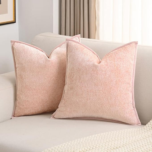 FUTEI Pink Chenille Throw Pillow Covers 18x18 Inch Set of 2,Soft Cozy Bound Edge Design Cushion Case,Home Decor for Couch Bed Living Room