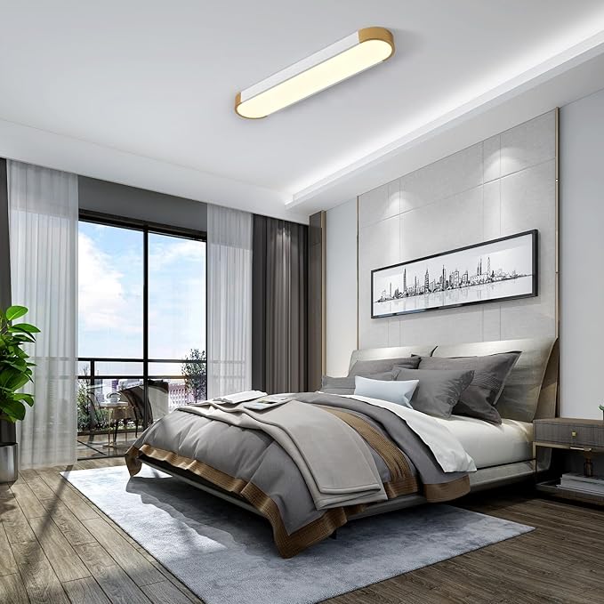 Tioolo Dimmable LED Ceiling Light with Remote 42W Kitchen Lighting Fixtures Ceiling White and Gold Long Ceiling Light Fixture 27.5 Inch Flush Mount Ceiling Lights for Kitchen Dining Room Hallway