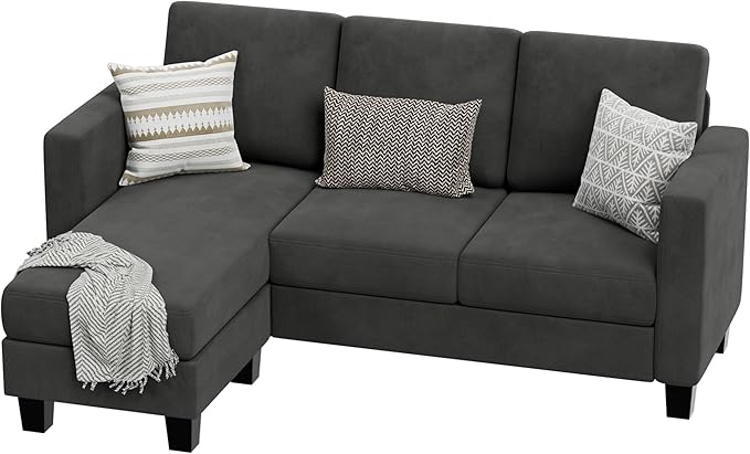 VICTONE Convertible Sectional Sofa Couch, 3 Seat L-Shaped Sofa with Linen Fabric Ottoman Small Couch for Small Apartments, Living Room and Office (Linen Fabric, Dark Gray)