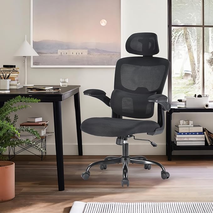 Soohow Ergonomic Office Chair, High Back Desk Chair with Flip-Up Armrest and Adjustable Lumbar Support, Computer Chair for Home and Office