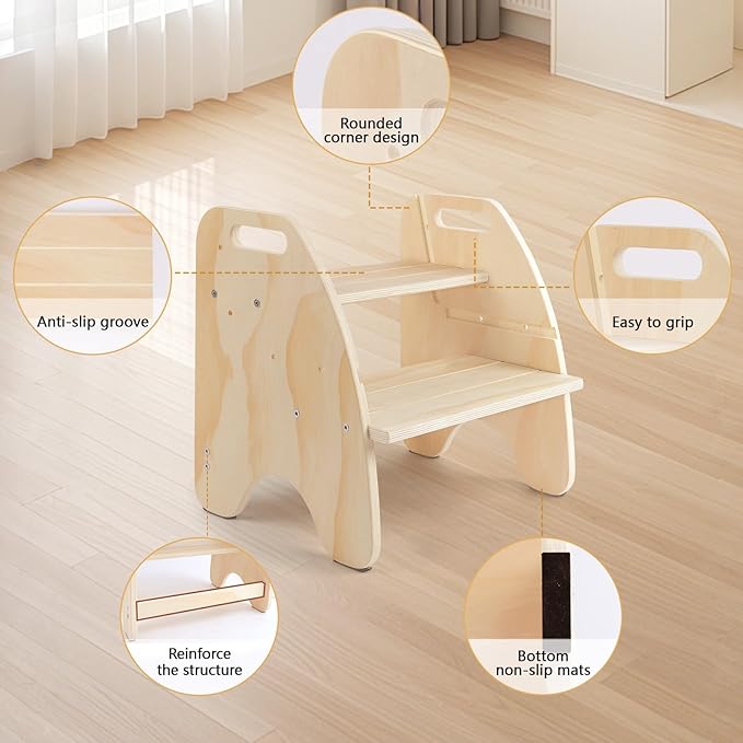 comfoyar 2 in 1 Toddler Step Stool, Wooden 2 Step Stool for Kids with Handles and Anti Slip Pad, Convertible Back Chair, Height Adjustable Potty Training Helper Stool for Bathroom Sink, Bedroom