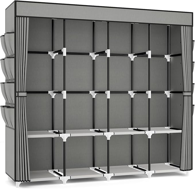 Portable Closet for Hanging Clothes, 67 Inch Wide Portable Wardrobe Closet with Cover, 4 Hanging Rod, Storage Shelves and Side Pockets, Large Free Standing Closet for Bedroom, Grey