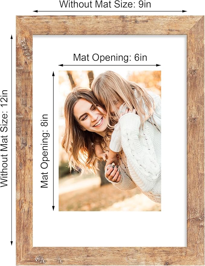 9x12 Picture Frame Set of 4 with Tempered Glass, Rustic Brown Frame Display 6x8 Pictures with Mat or 9 x 12 Without Mat, Wooden 9 x 12 Photo Frame for Wall Mount and Tabletop Display