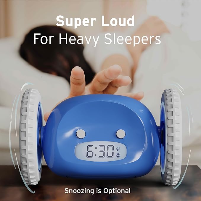 CLOCKY Extra Loud Alarm Clock for Heavy Sleepers on Wheels Rolls Runs Away Vibrating Easy to Set Super Smart Snooze Digital Bed Shaker Alarm Clock Funny Gift for Adults Kids Teens Bedrooms (Blue)