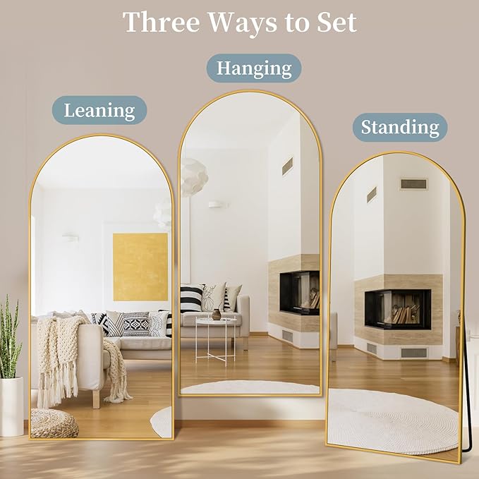 Full Length Mirror with Stand, 71"x32" Arched Full Body Mirror, Large Stand Up Mirrors, Aluminum Frame Floor Standing Mirrors, Freestanding Hanging Leaning Mounted for Bedroom Living Room, Gold