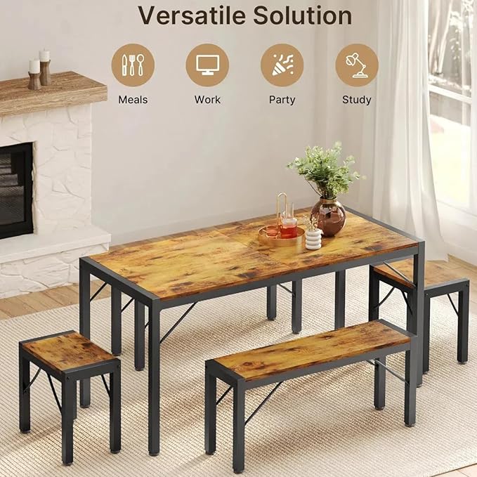 Gizoon 63" Dining Room Table Set for 6, Kitchen Table with 2 Benches and 2 Stools, Dining Table Set with Metal Frame, Space-Saving Kitchen Table Set for Apartment, Retro
