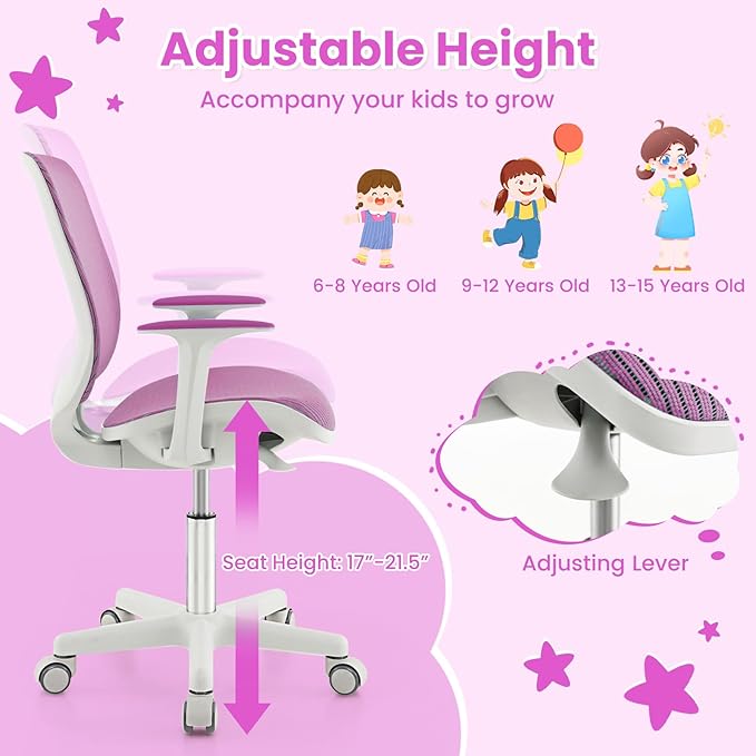 Costzon Kids Desk Chair, Height Adjustable Children Study Computer Chair with Armrests, Sit-Brake Casters, Swivel Mesh Task Chair for Boys Girls Teens Students, Kids Chair for Home, Office (Purple)