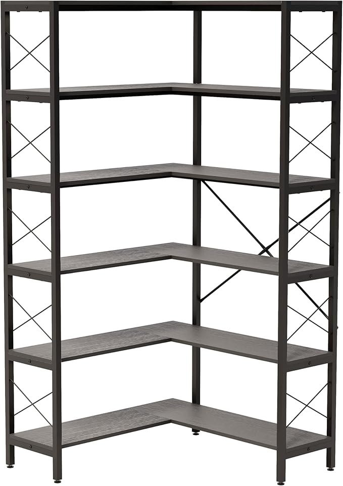 Corner Bookshelves and Bookcases Industrial Corner Etagere Bookcase L Shaped Shelf 6 Tiers with Metal Frame for Living Room Home Office