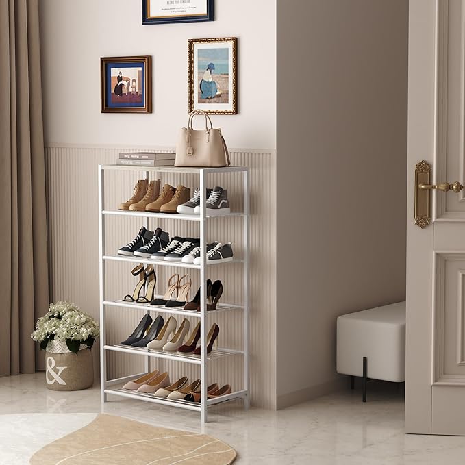 HOMEFORT Shoe Rack 6-Tier, Shoe Storage Shelf, Industrial Shoe Tower, Narrow Shoe Organizer for Closet Entryway, Small Shoe Rack Table with Durable Metal Shelves,White Oak