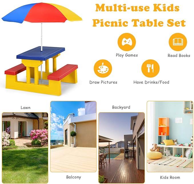 Kids Picnic Table, Toddler Picnic Table with Removable & Foldable Umbrella, Plastic Children Patio Furniture for Garden Backyard, Kids Outdoor Table, Multicolored
