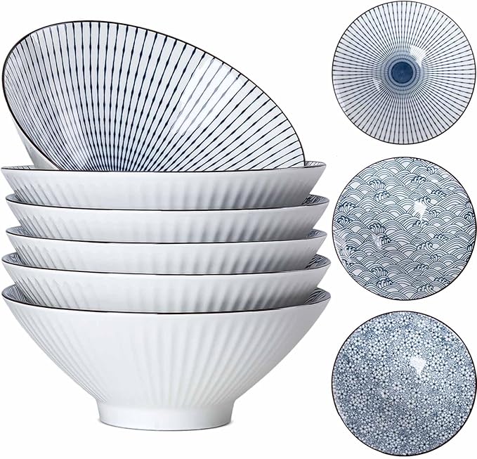 38 oz Japanese Ramen Bowl Set of 6 - Large 8 Inch Ceramic Soup Bowls, Blue and White Japanese Noodle Bowls for Pho, Ramen, and Salad - Mixing Patterns