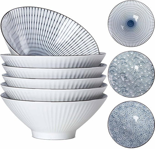 38 oz Japanese Ramen Bowl Set of 6 - Large 8 Inch Ceramic Soup Bowls, Blue and White Japanese Noodle Bowls for Pho, Ramen, and Salad - Mixing Patterns