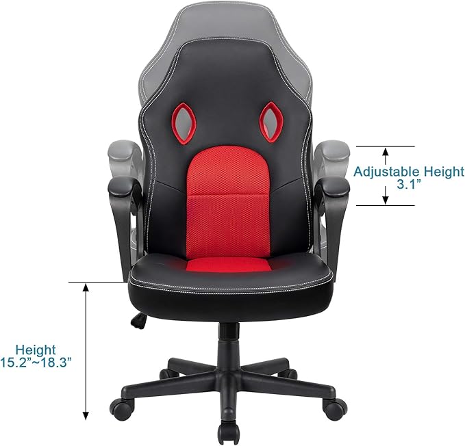 Furmax Red Gaming Chair, Adjustable Swivel Desk Chair with Padded Armrests and Lumbar Support, Leather and Mesh Design