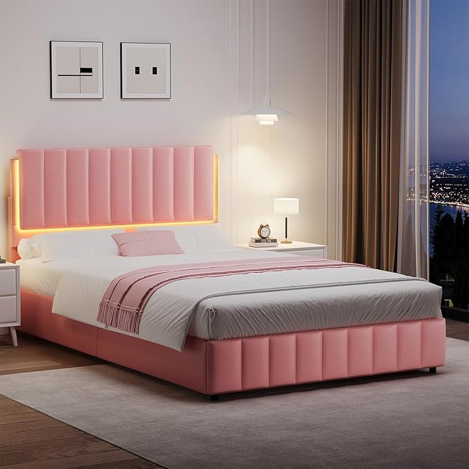 Full Size Bed Frame with LED Lights, Faux Leather Upholstered Platform Bed with Headboard and Wooden Slats Support, No Box Spring Needed, Noise-Free, Easy Assembly, Pink