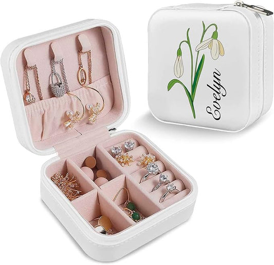 Customized Jewelry Box, Personalized Travel Jewelry Organizer with Birth Flower and Name, Custom Gifts for Birthday, Wedding, Anniversary, Personalized Gifts for Women, Girls, Mother, Wife, Bridesmaid