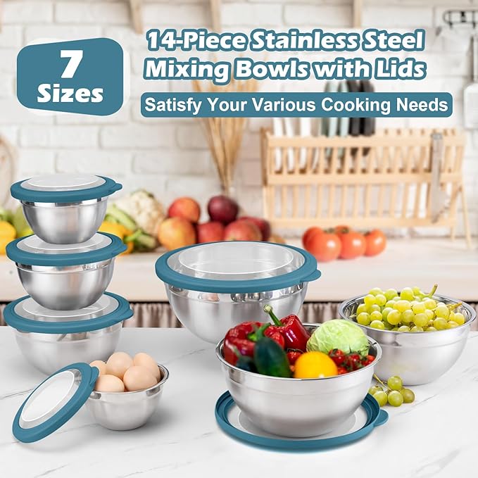 E-far Mixing Bowls Set of 7, Stainless Steel Mixing Bowls with Airtight Clear Lids, Metal Nesting Bowls for Kitchen Prep, Baking, Serving, Dishwasher Safe, Size 4.6, 3.5, 3, 2, 1.5, 1, 0.7QT, Blue
