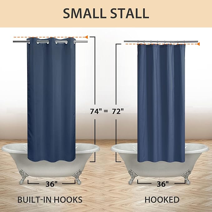 River Dream Stall Size No Hook Navy Blue Shower Curtain Soft Microfiber - 36" Wide Small Fabric Shower Curtain Set for Narrow Stall, Waterproof & Washable, Bottom Magnets, Navy Blue, 36x74