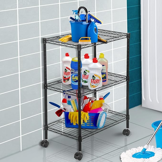 PayLessHere 3-Tier Adjustable Metal Storage Rack with Wheels Mesh Shelving Unit Heavy Duty Storage Shelving Unit,Black