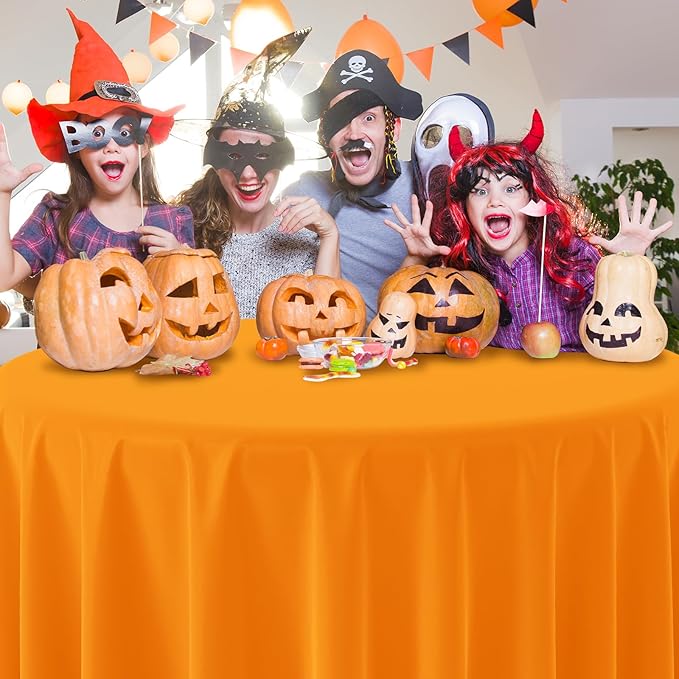 MASHAN 4Pcs Round Halloween Tablecloth Plastic Orange Black Purple Green Table Cloths Disposable Round Table Covers for Halloween Witch Vampire Party Decorations, 84inch