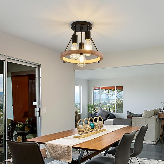 3-Light Wood Semi Flush Mount Ceiling Light Fixture Metal Rustic Ceiling Light Industrial Farmhouse Chandelier for Hallway Entryway Bedroom Kitchen Foyer Passway Balcony