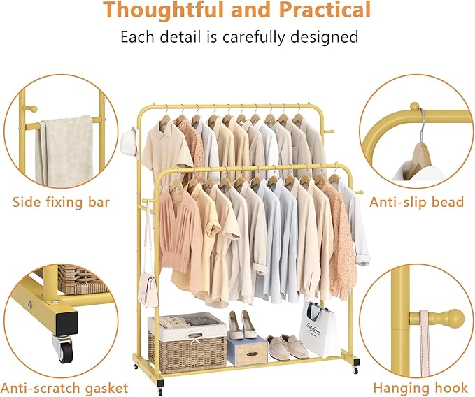 Laiensia Double Rods Garment Rack with Wheels, Clothing Rack for Hanging Clothes,4 Hooks, Multi-Functional Bedroom Clothes Rack, Gold