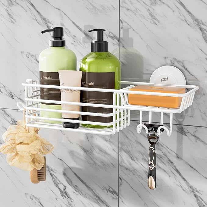 TAILI Shower Caddy Suction Cup with Hooks & Soap Holder, Heavy Duty Bathroom Shower Organizer, No Drilling Shelves for Inside Bathroom, Metal Black Storage Basket-White