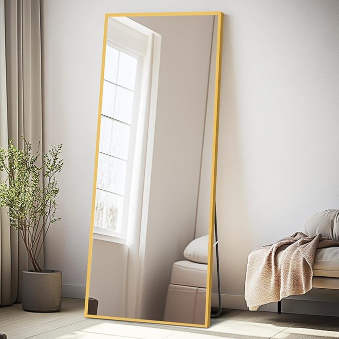 Tall Full Body Mirror, 55''x 18'' Full Length Mirror w Gold Aluminum Alloy Frame, Floor Not Fragile Tempered Mirror Leaning Against Wall for Living Room,Women Dressing Clothes Mirror