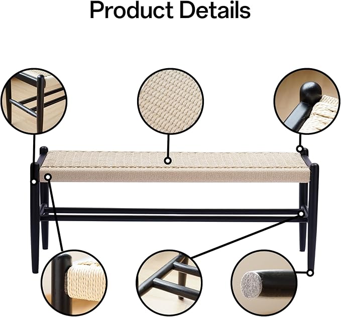 Solid Wood Entryway Bench with Shoe Storage, Rustic Oak Wood and Woven Design 45 Inch Long Seating for Living and Dining Rooms,Black