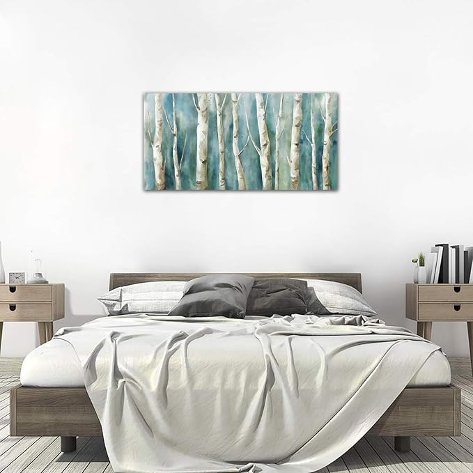 Birch Trees Canvas Wall Art - Abstract Birch Pictures for Wall Decor Modern Turquoise Canvas Painting Nature Printing Artwork for Living Room Bedroom Home Office Wall Decoration 29" x 58"