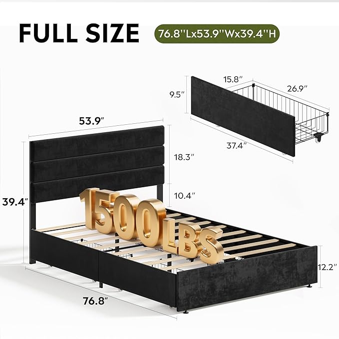 WLIVE Full Size Upholstered Bed Frame with 4 Drawers and Velvet Square Tufted Headboard, Sturdy Metal & Wooden Slats Support, No Box Spring Needed, Easy Assembly, Black