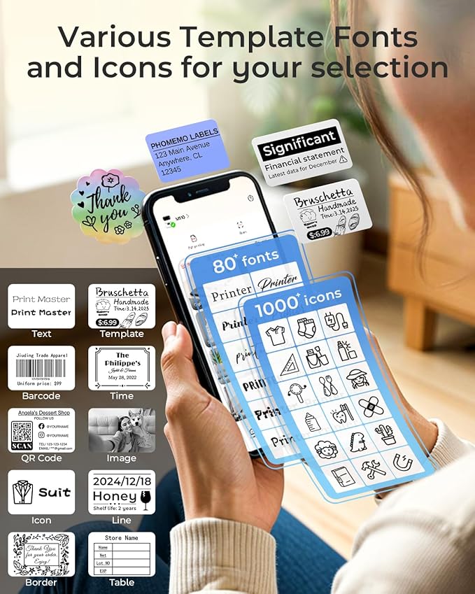 Phomemo M110 Label Makers - Barcode Label Printer Bluetooth Label Maker Portable Thermal Printer for Small Business, Address, Barcode, Logo, Clothing, Mailing, Sticker Printers for Phones & PC, Black
