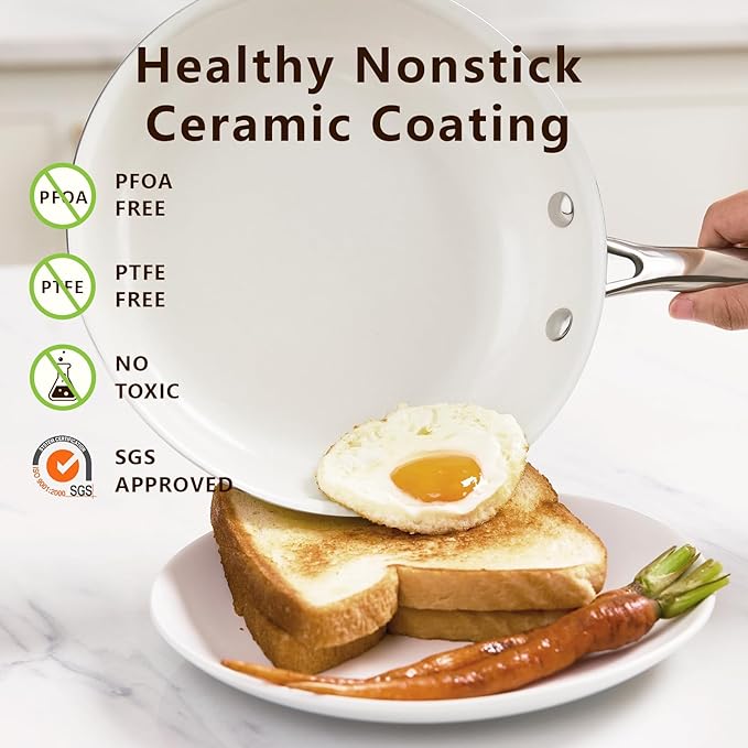 9.5" Tri-Ply Stainless Steel Frying Pan, Nonstick Ceramic Pan, Skillet with Stay-Cool Handle, Non Toxic, PFAS PFOA PTFE Free, Dishwasher & Oven Safe, Induction, Compatible with All Cooktops