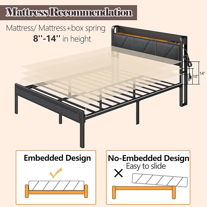 Furnulem Queen Size Bed Frame with Headboard and LED Lights, Upholstered Bedframe with Charging Station and USB Port, Platform Metal Bed Frames, No Box Spring Needed, Noise Free