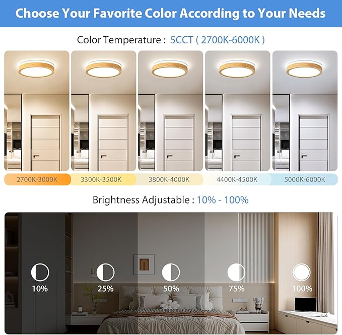 Modern Dimmable Wood Flush Mount Ceiling Light, 2700K-6000K 5CCT Round Close to Ceiling Lighting Fixtures, Minimalist LED Ceiling Lamp for Bedroom, Kitchen, Hallway, Laundry Room-11.81in