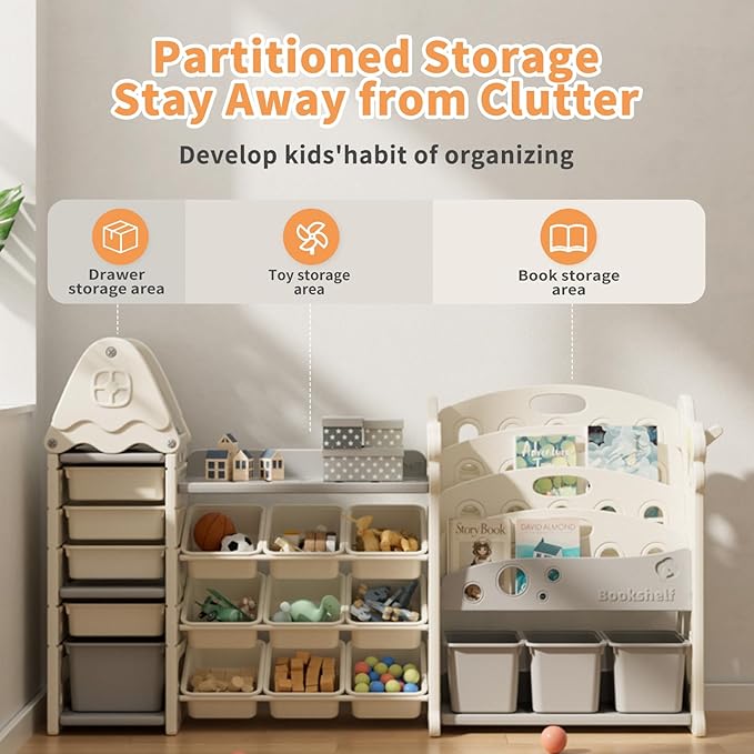 Kids Toy Storage Organizer with 17 Removable Bins, 4-Tier Bookshelf for Kids, Multi-Purpose Castle-Shaped Toy Organizer for Playroom, Bedroom, Nursery, Living Room (Beige)