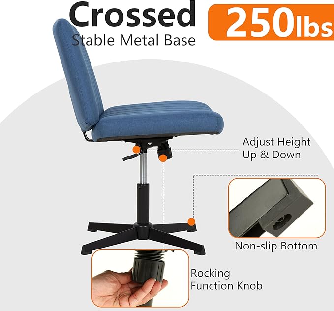 FDW Criss Cross Chair Armless Cross Legged Office Desk Chair Adjustable Swivel Ergonomic Gaming Chair No Wheels Backrest with Wide Seat Native Sponge Computer Task Vanity Chair for Home Office,Blue