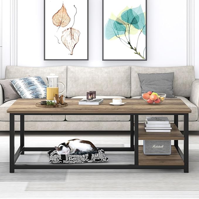 EXCEFUR Coffee Table with Storage Shelf, Modern Wood and Metal Center Table for Living Room, Rustic Oak, 47 Inch